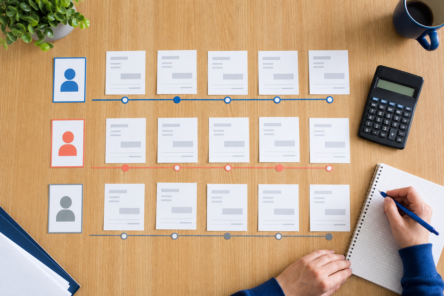 Afzonderlijke klanttijdlijnen met factuurmomenten en ontvangstdatums op een werktafel